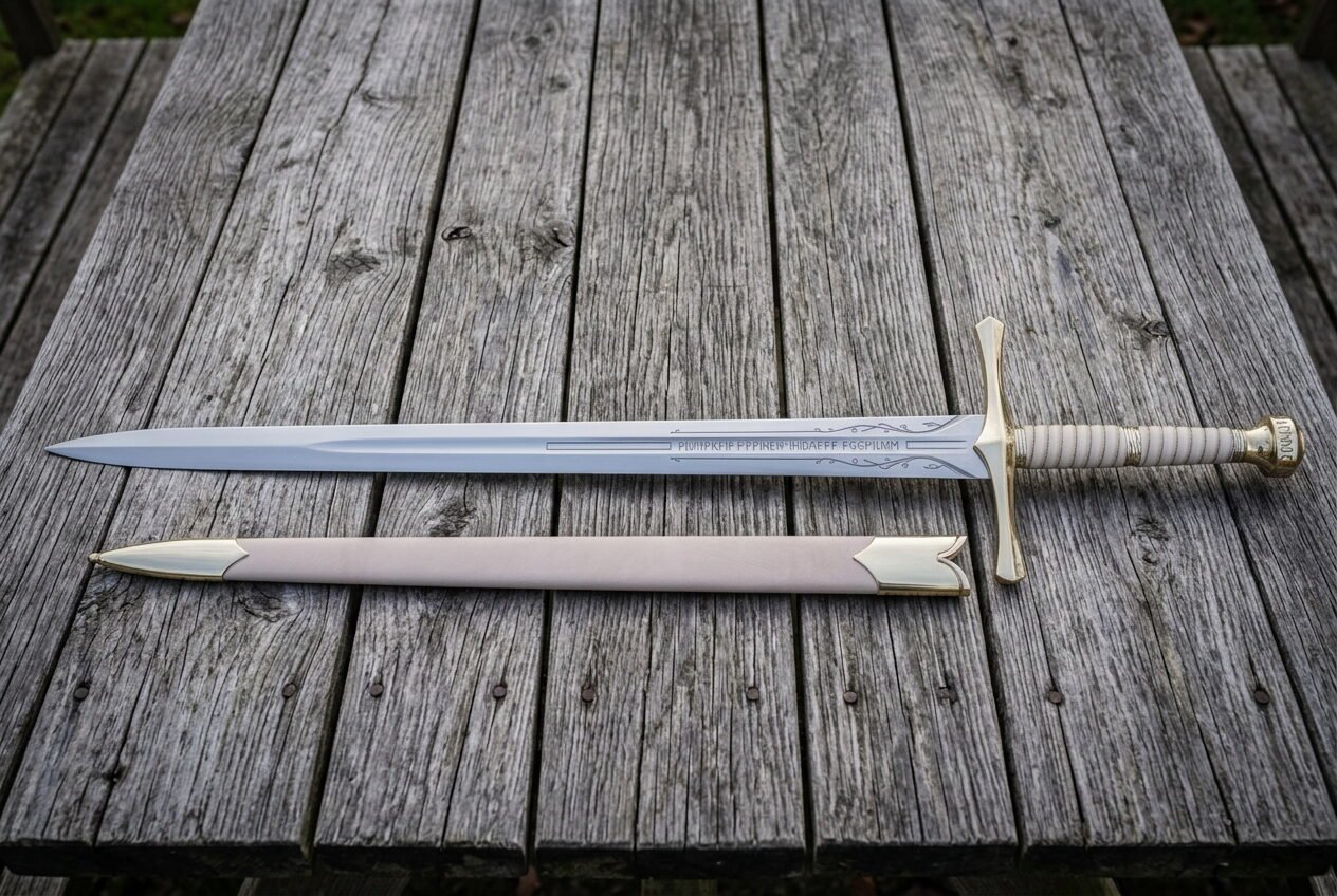 Gemini_Generated_Image_ik2sviik2sviik2s Hand forged fantasy longsword with an engraved double edged blade and brown leather scabbard laid on weathered grey timber decking in soft daylight