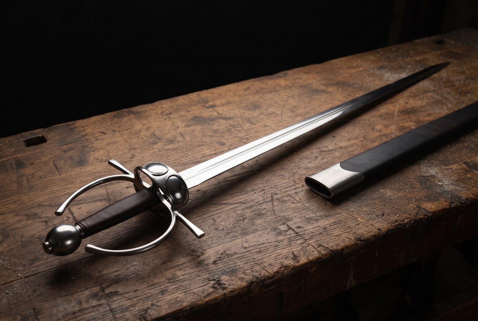 Gemini_Generated_Image_jhiia2jhiia2jhii Hand forged fencing sword with a polished ring guard and solid shell plates lying on a dark timber workbench beside its black leather scabbard