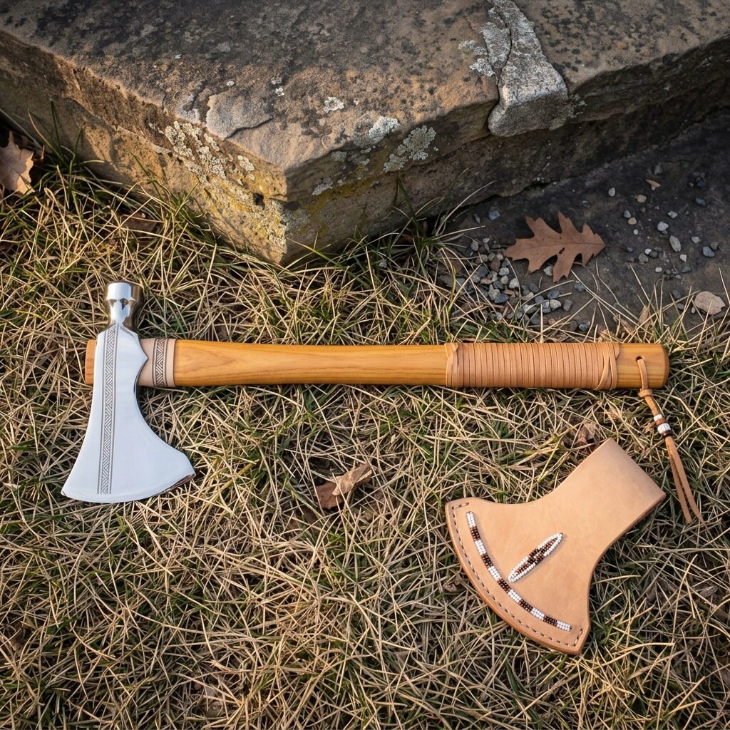 Hickoryhawk hand forged Native American style tomahawk with mirror polished flared head, hickory haft and leather laced grip lying on dry grass beside a stone step with its leather head cover