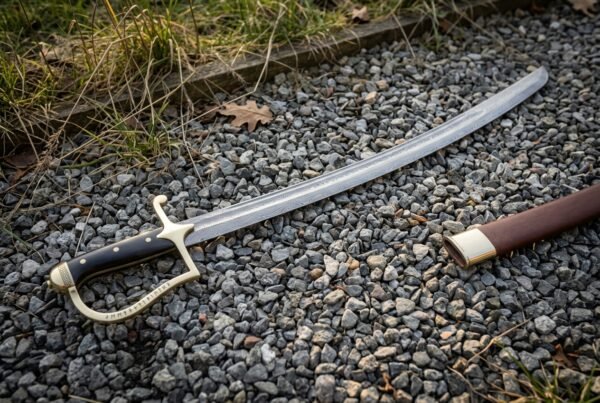 Hand forged Polish szabla with a long curved Damascus blade, open brass knuckle bow and black horn grip lying on a grey gravel path beside its brown leather scabbard