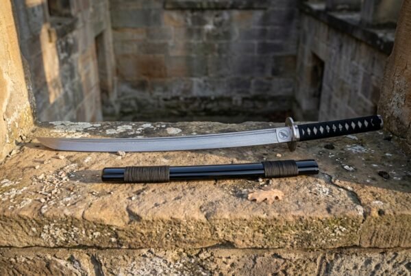 Hand forged wakizashi with black cord tsuka on a sandstone ledge in an old stone doorway, black saya with brown cord wrap set below the polished blade