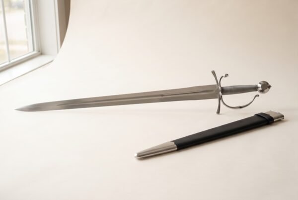 Hand forged renaissance short sword with a broad clipped point blade and polished knuckle bow hilt on a pale studio backdrop beside its black leather scabbard