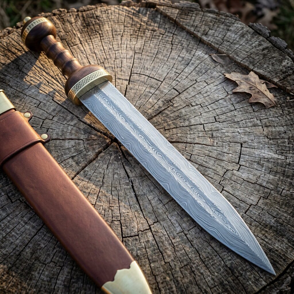 Gemini_Generated_Image_ldbeogldbeogldbe Hand forged Damascus gladius with a raindrop pattern Pompeii blade, ribbed walnut grip and brass guard, resting on a cracked tree stump beside its brown leather scabbard.