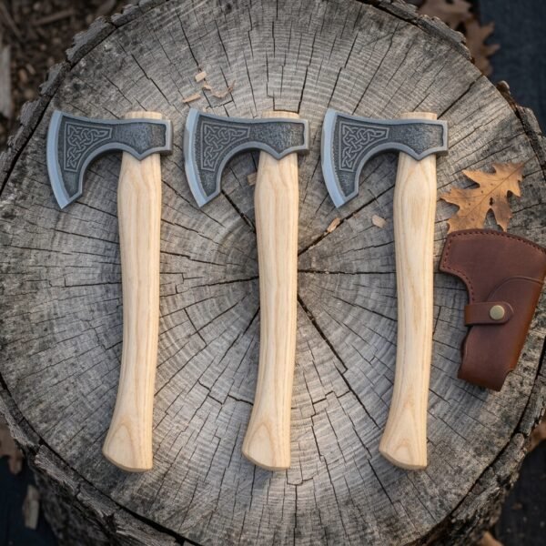 Hand forged viking throwing axe set of three matching bearded steel heads on pale ash hafts, arranged overhead on a tree stump with one leather sheath