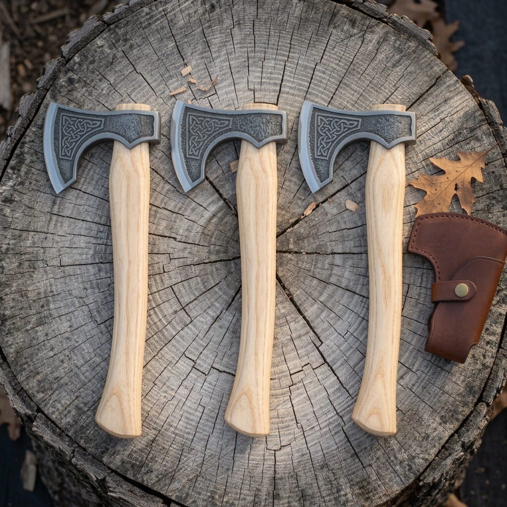 Gemini_Generated_Image_lo1v05lo1v05lo1v Hand forged viking throwing axe set of three matching bearded steel heads on pale ash hafts, arranged overhead on a tree stump with one leather sheath