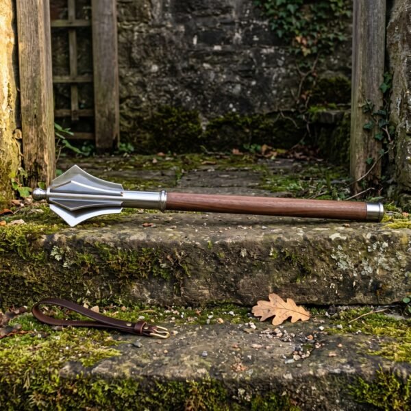 Hand forged flanged mace with six polished high carbon steel flanges and an American walnut haft resting on a mossy stone step beside a leather wrist strap