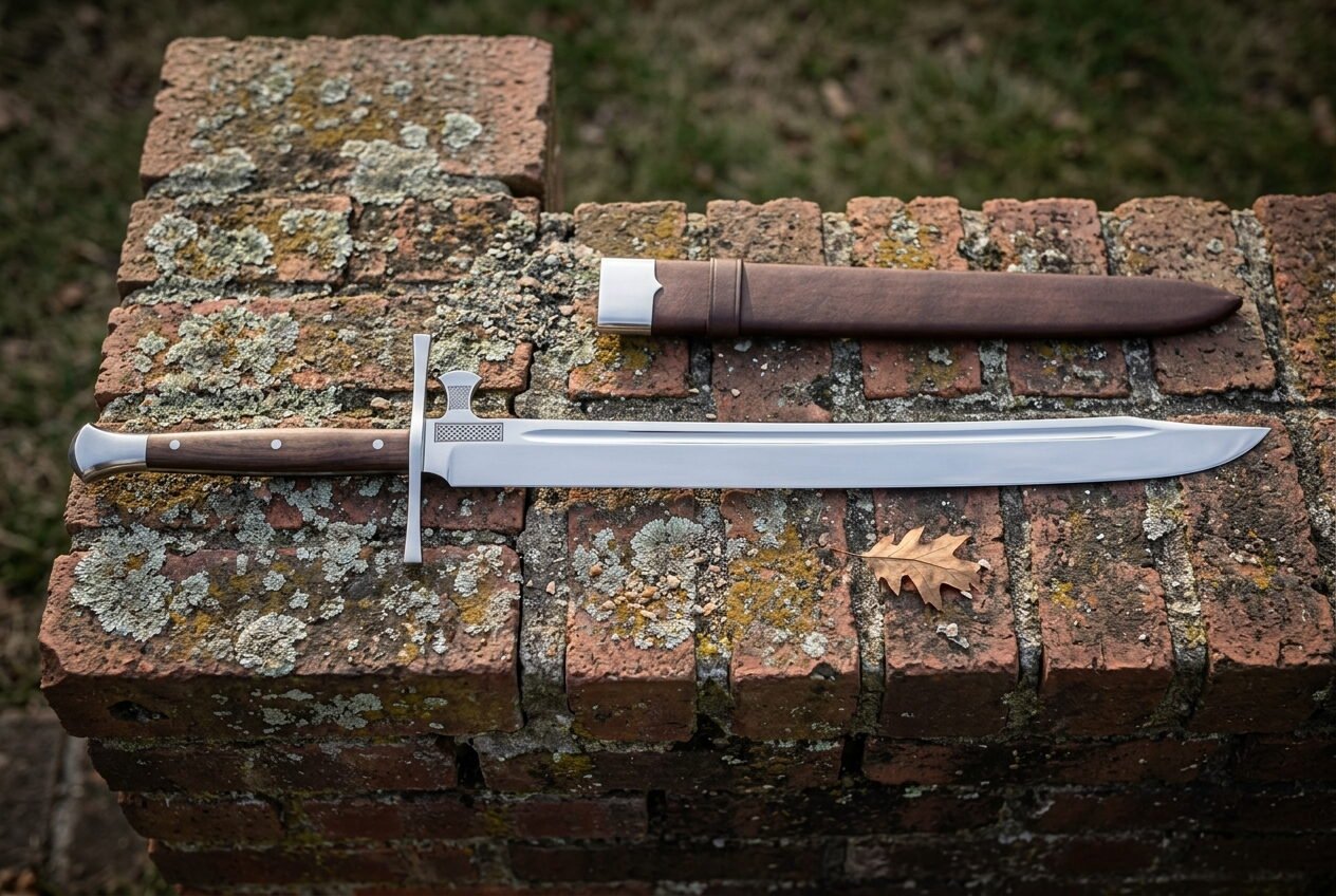 Gemini_Generated_Image_m4clp8m4clp8m4cl Hand forged messer sword with a polished straight backed blade and cream bone toned grip lying on a lichened red brick ledge beside a brown leather sheath