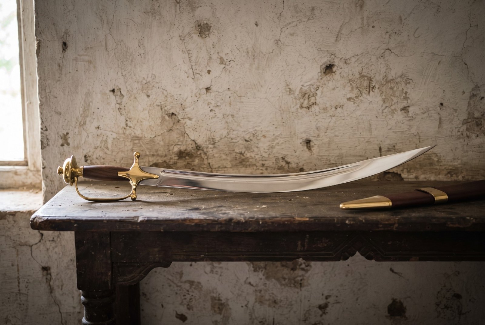 Gemini_Generated_Image_miyo4amiyo4amiyo Hand forged Indian talwar with a deeply curved polished blade, rosewood grip and solid brass knuckle guard resting on a dark timber table against a pale plaster wall