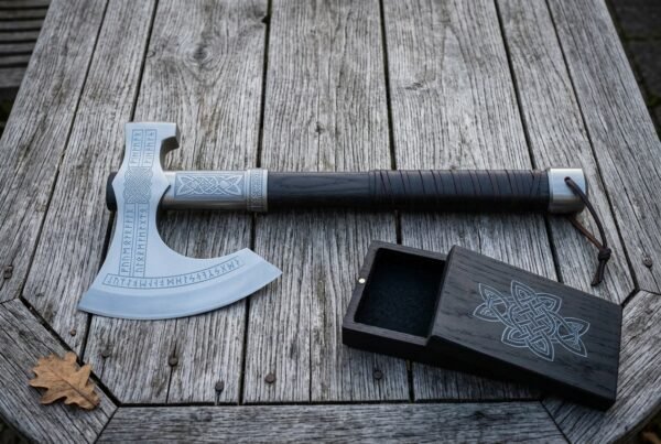 Viking axe gift set on a silvered timber table, the hand forged runic bearded axe laid beside its open rune carved wooden presentation box with linen lining.