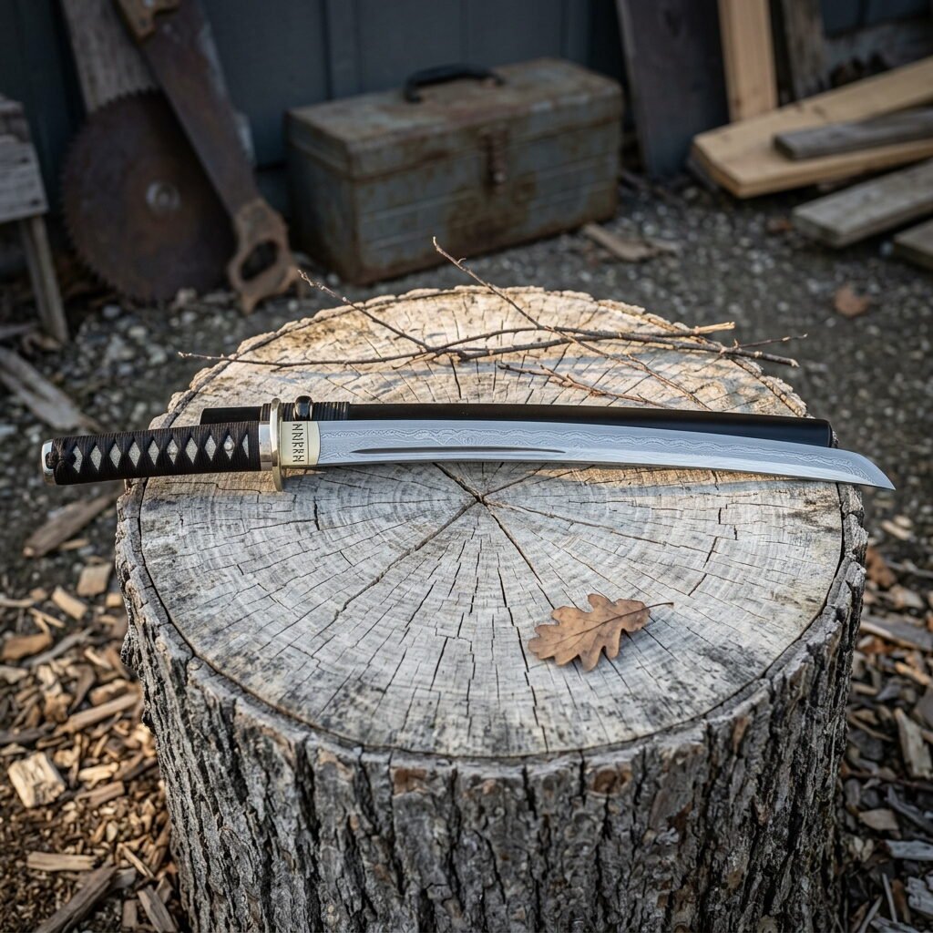 Gemini_Generated_Image_mrxjg0mrxjg0mrxj Hand forged samurai sword with a black cord wrapped grip and solid brass tsuba resting on a cut tree stump outside the forge, with workshop tools behind