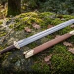 Hand forged Ulfberht sword with polished high carbon steel blade, brass lobed pommel and tan leather scabbard, laid on a moss covered granite boulder outdoors