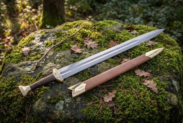 Hand forged Ulfberht sword with polished high carbon steel blade, brass lobed pommel and tan leather scabbard, laid on a moss covered granite boulder outdoors
