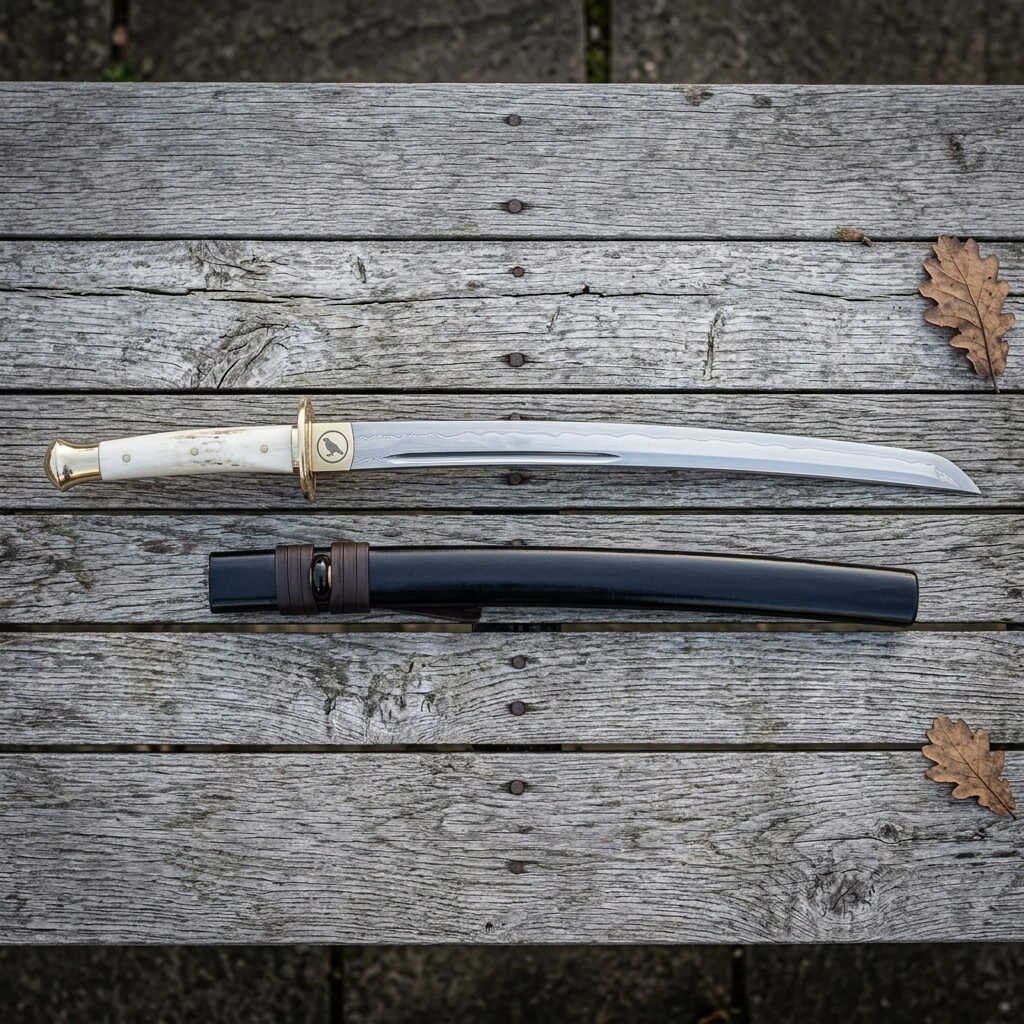 Gemini_Generated_Image_mzvkh6mzvkh6mzvk Hand forged wakizashi sword with a polished bone handle and brass tsuba laid on weathered grey timber decking beside its dark lacquered wooden saya