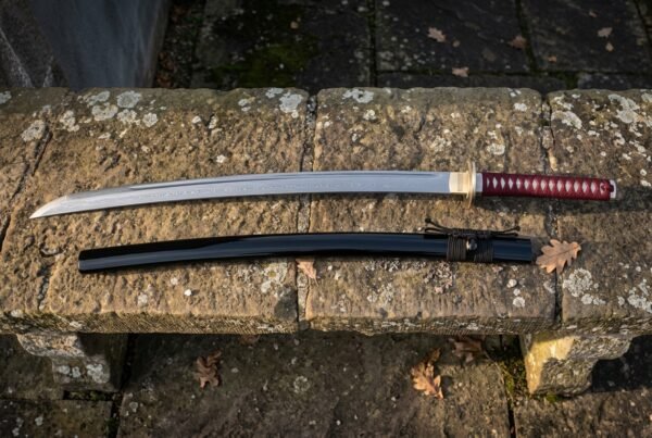 Hand forged high carbon steel katana with a deep crimson cord wrapped grip and black lacquered saya laid on a weathered stone bench scattered with fallen autumn leaves