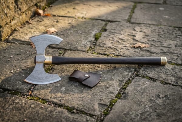 Long hafted hand forged viking war axe with an engraved steel head and pale ash handle, laid flat across grey flagstone paving in natural light