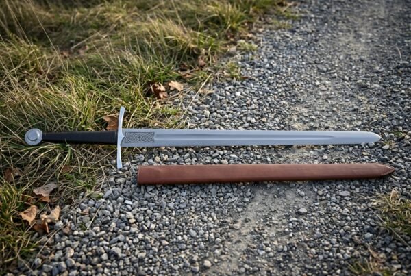 Hand forged Oakeshott type XII arming sword in polished high carbon steel with a wide fuller and black leather grip, lying on a gravel path beside its brown scabbard.