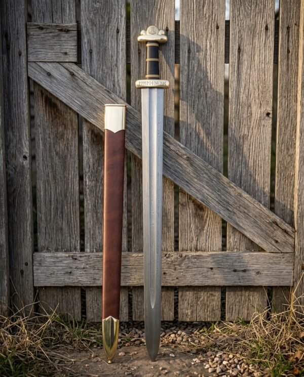 Hand forged knight sword replica in spring steel with a leather wrapped grip and brown scabbard leaning against a weathered timber farm gate