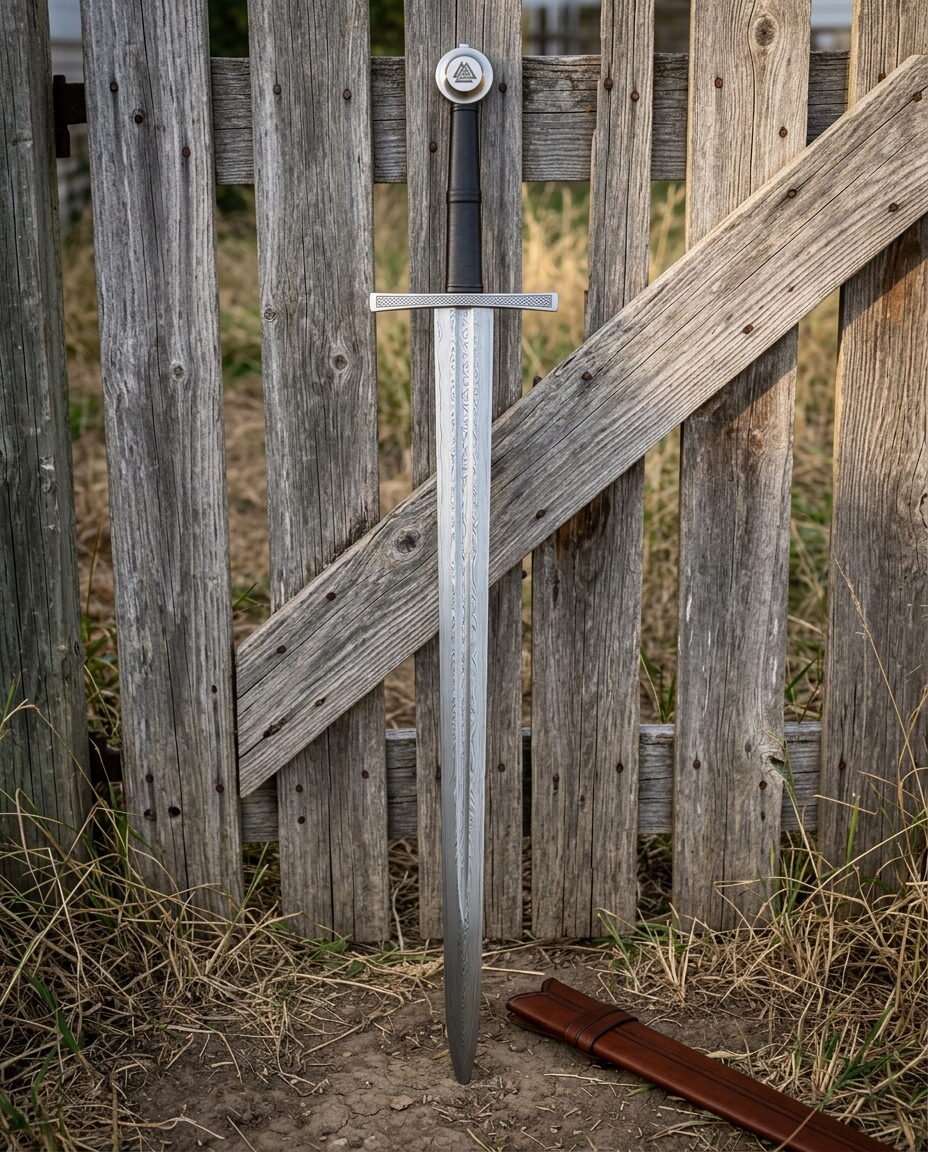 Gemini_Generated_Image_pj4jq0pj4jq0pj4j Hand forged Damascus longsword with a ladder pattern two handed blade and Valknut disc pommel, standing against a weathered timber gate beside its brown leather scabbard.