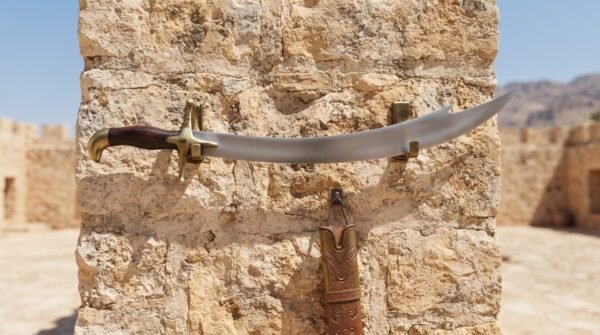 Hand forged Arabian sword with a curved polished steel blade and rosewood grip mounted on a sandstone fortress wall above its tooled leather scabbard