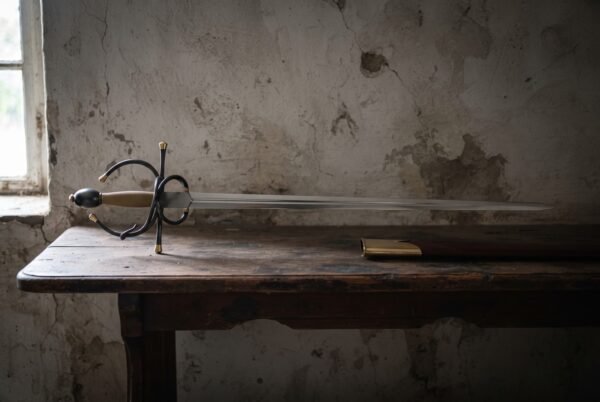 Hand forged italian rapier with a blackened swept hilt and gilt brass finials resting on a dark timber table against a cracked plaster wall