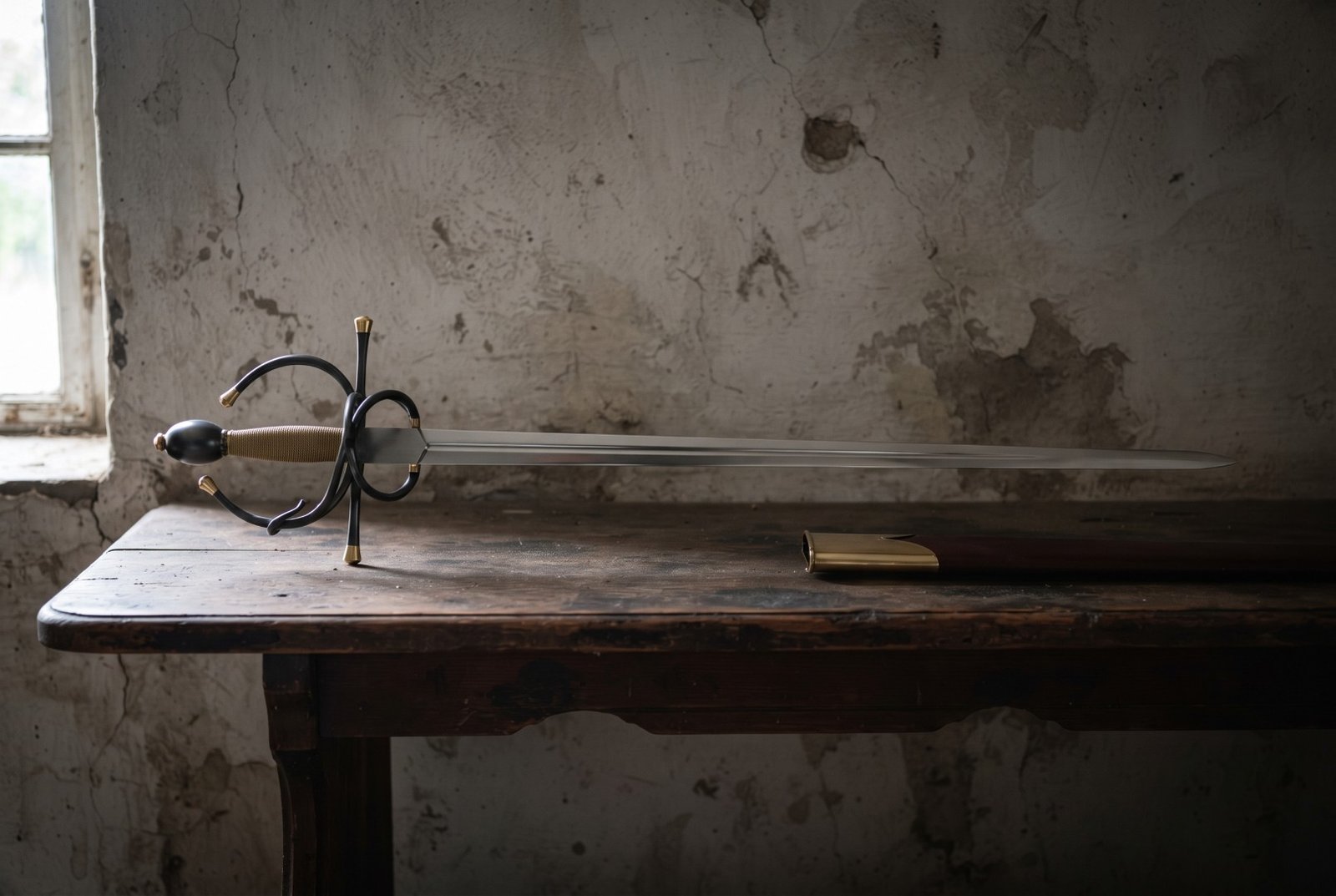 Gemini_Generated_Image_q999mmq999mmq999 Hand forged italian rapier with a blackened swept hilt and gilt brass finials resting on a dark timber table against a cracked plaster wall