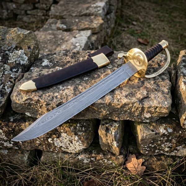 Hand forged Damascus pirate cutlass with a layered rune engraved blade and ornate brass shell guard cut with a raven, resting on a lichen covered drystone wall beside its brown leather scabbard