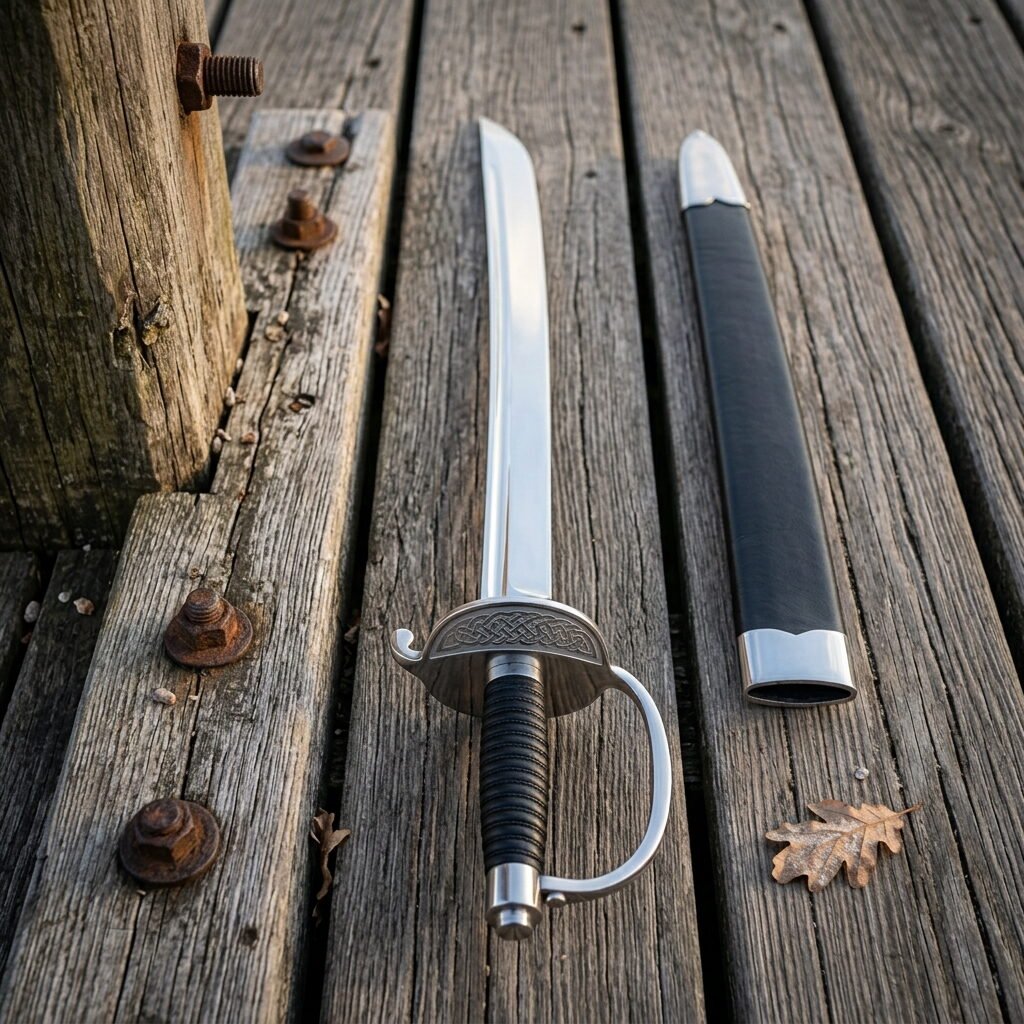 Gemini_Generated_Image_r5k16kr5k16kr5k1 Hand forged cutlass with a curved mirror polished blade and knotwork shell guard lying on weathered timber decking beside its black leather scabbard