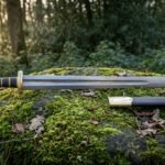 Damascus Norse sword with dark etched layered steel blade and leather wrapped grip resting on a moss covered boulder in green woodland light