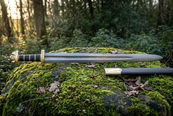 Damascus Norse sword with dark etched layered steel blade and leather wrapped grip resting on a moss covered boulder in green woodland light