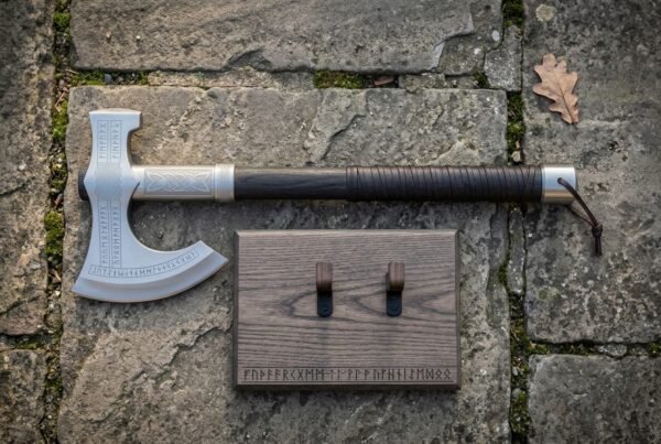 Viking axe with wall mount laid flat on flagstones beside its rune carved timber display plaque, showing the frost blue rune band across the crescent bit.