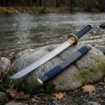 Tidefold Hand Forged Damascus Wakizashi | 29 Inch Overall with 20.5 Inch Blade | Grey Saya and Navy Cord Wrap and Brass Fittings | Norse Collector Gift | RK-1277