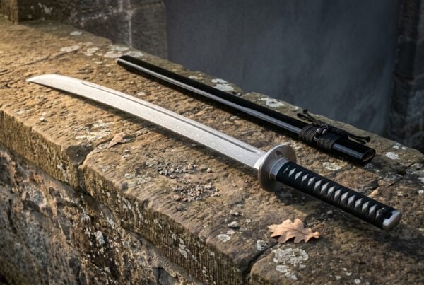 Hand forged katana with black cord grip and blackened iron tsuba resting on a stone ledge against a dark timber door, black saya lying behind the blade
