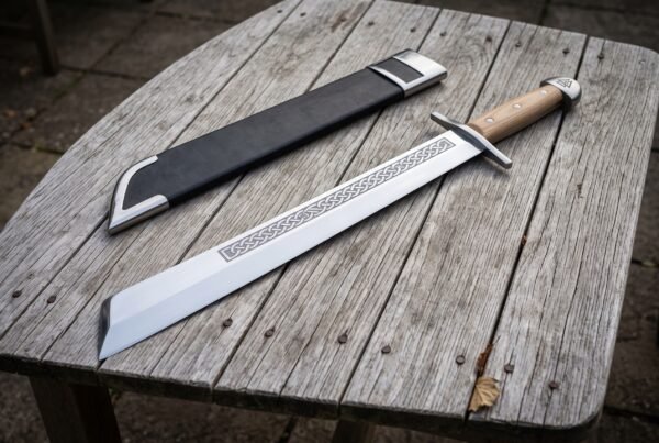 Hand forged grosse messer sword with a broad polished single edged blade and pale hardwood grip lying on a silvered timber table beside a black leather sheath