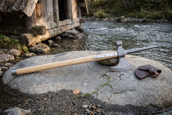 Damascus poleaxe with a forge welded crescent blade, hammer poll and spike on a pale ash haft resting on a river smoothed boulder beside a leather pouch