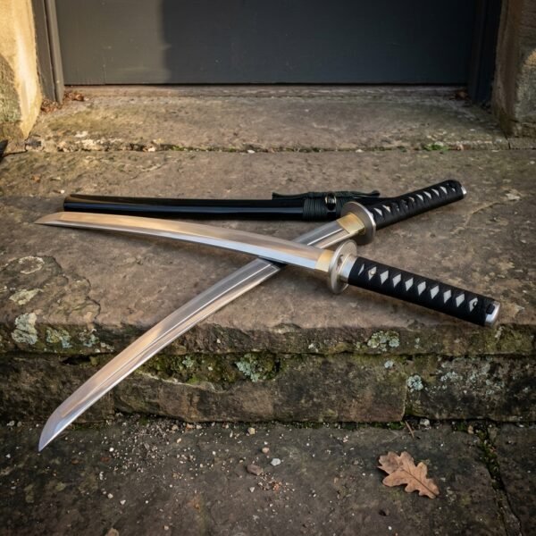 Battle ready hand forged katana crossed over its black lacquered saya on a weathered stone step, black cord grip and brass toned tsuba lit from the side