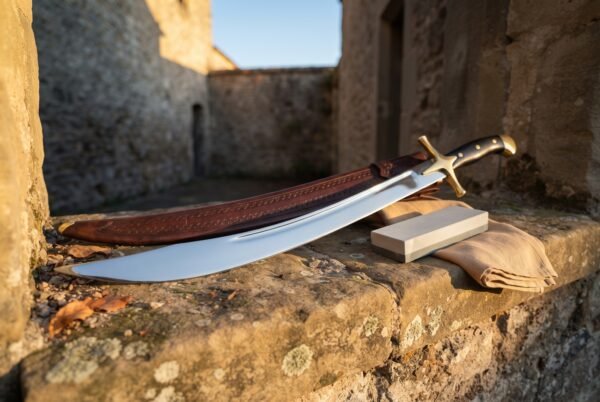Hand forged scimitar sword with a mirror polished curved blade and brass hilt resting on a sunlit stone ledge beside its tooled leather scabbard and a whetstone