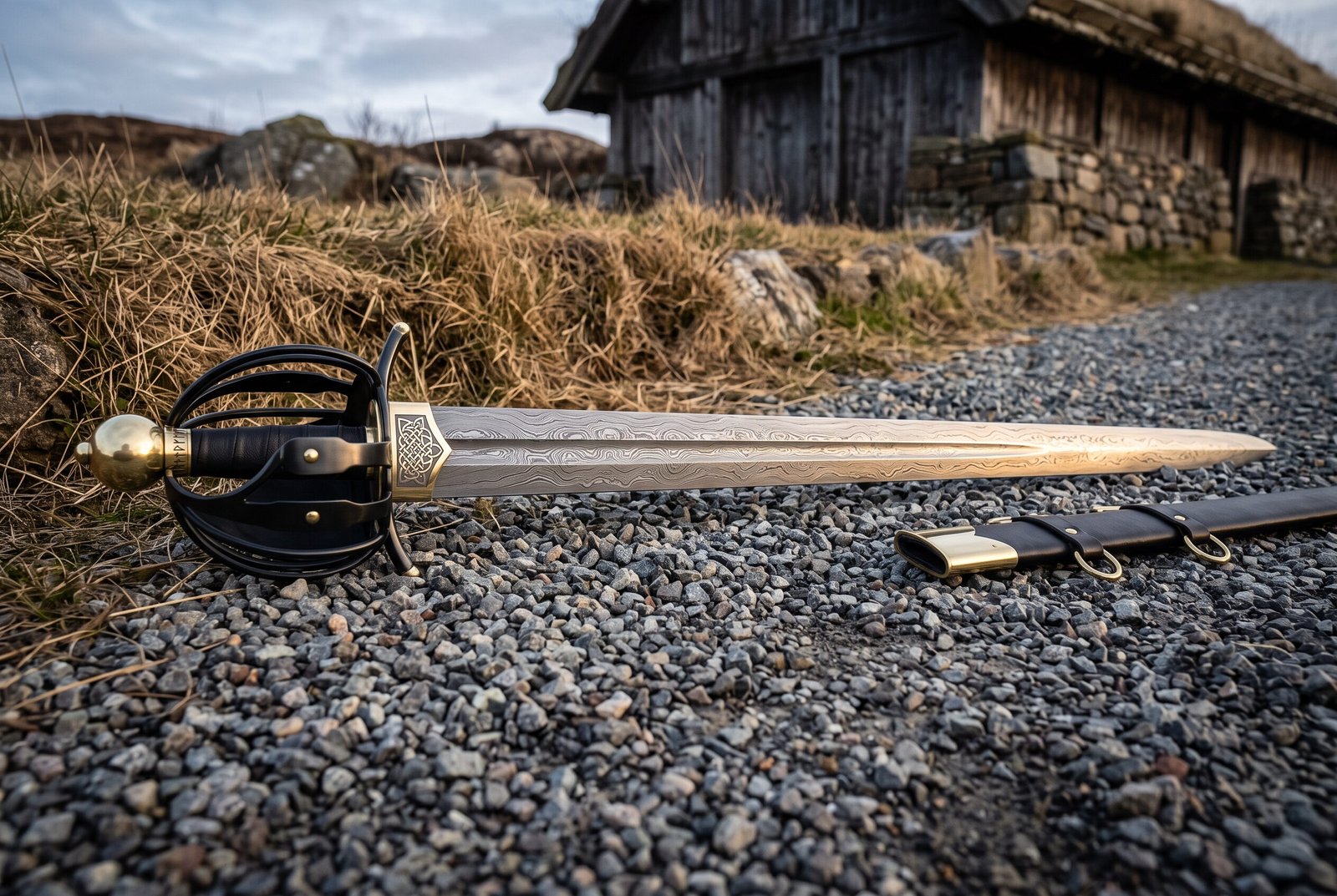 Gemini_Generated_Image_wclquvwclquvwclq Hand forged damascus short sword with a wood grain layered blade and blackened swept hilt resting on a gravel path beside its black leather scabbard