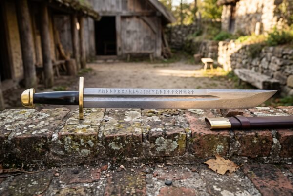 Rune engraved Damascus sword with a broad layered falchion blade carrying an Elder Futhark inscription and gilt brass hilt on a stone ledge in a farm courtyard