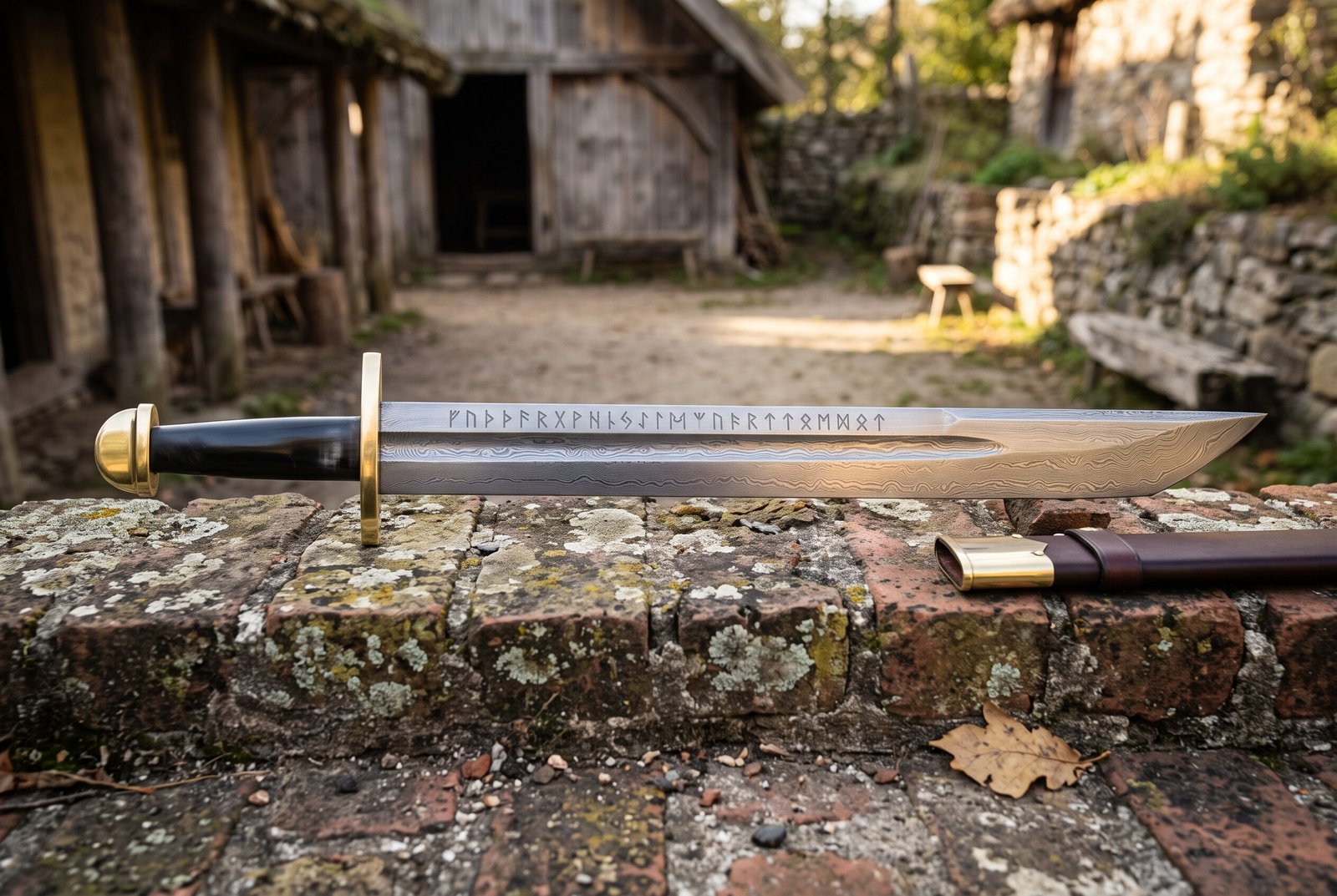 Gemini_Generated_Image_wl2yw4wl2yw4wl2y Rune engraved Damascus sword with a broad layered falchion blade carrying an Elder Futhark inscription and gilt brass hilt on a stone ledge in a farm courtyard