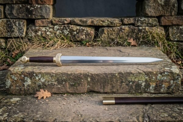 Hand forged Chinese jian sword with a straight polished double edged blade and brass ferruled grip resting on a sandstone step below a dry stone wall