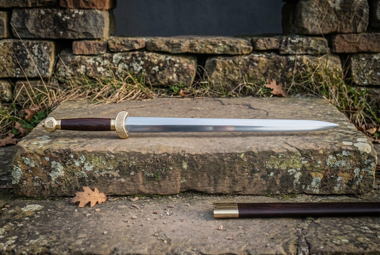 Gemini_Generated_Image_wzt7z6wzt7z6wzt7 Hand forged Chinese jian sword with a straight polished double edged blade and brass ferruled grip resting on a sandstone step below a dry stone wall
