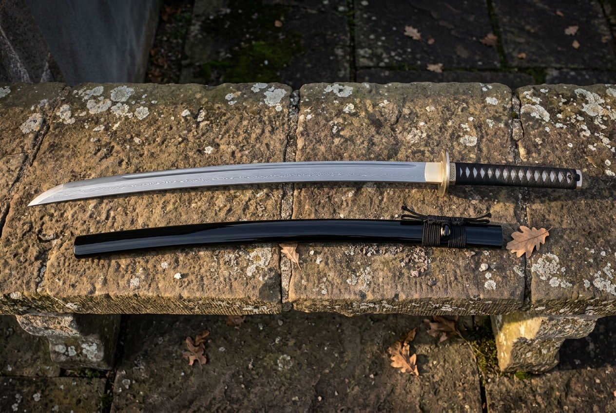 Gemini_Generated_Image_x4j61yx4j61yx4j6 Hand forged katana with a black cord wrapped tsuka and black lacquered saya laid along a lichen covered stone bench in soft low winter light