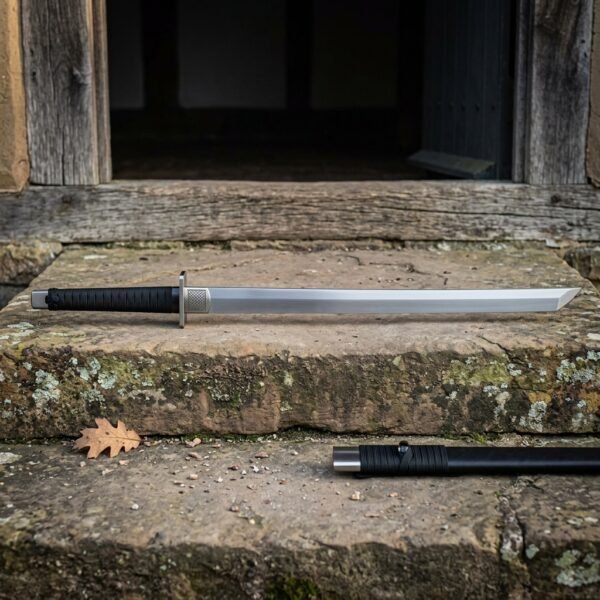 Hand forged dao sword with a straight backed polished single edged blade and black cord wrapped grip lying on a stone doorstep beside its black scabbard