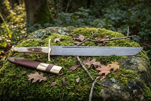 Hand forged Viking seax with a layered Damascus blade and stag antler handle resting on a moss covered boulder in autumn woodland, brown leather sheath beside it
