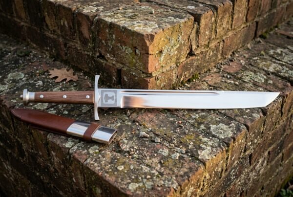 Hand forged grosse messer with a long polished straight backed blade and rosewood grip resting on a lichened stone ledge beside a brown leather sheath