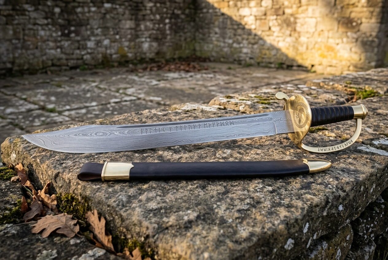 Gemini_Generated_Image_ye4qtrye4qtrye4q Hand forged Damascus naval cutlass with a layered rune engraved blade, ornate brass shell guard and black ribbed grip lying on a weathered stone ledge beside its black leather scabbard