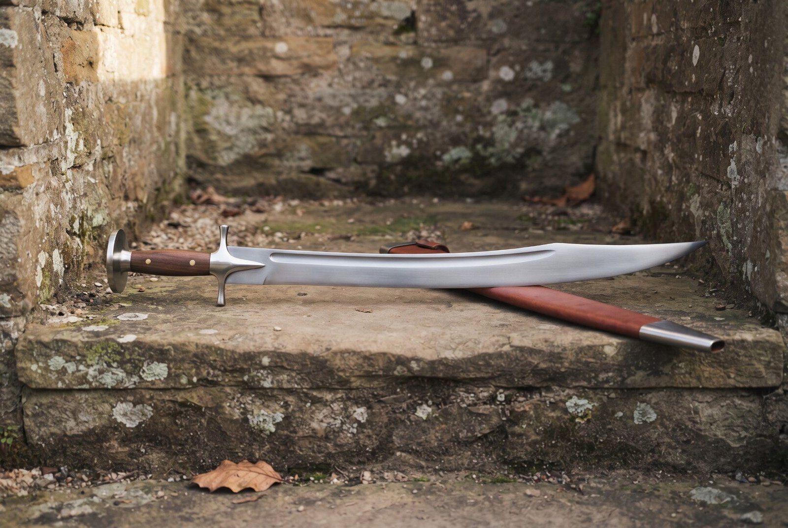 Gemini_Generated_Image_yn4uvyn4uvyn4uvy Hand forged tulwar with a satin finished curved blade, rosewood grip and steel disc pommel lying on a mossy stone step beside its russet leather scabbard
