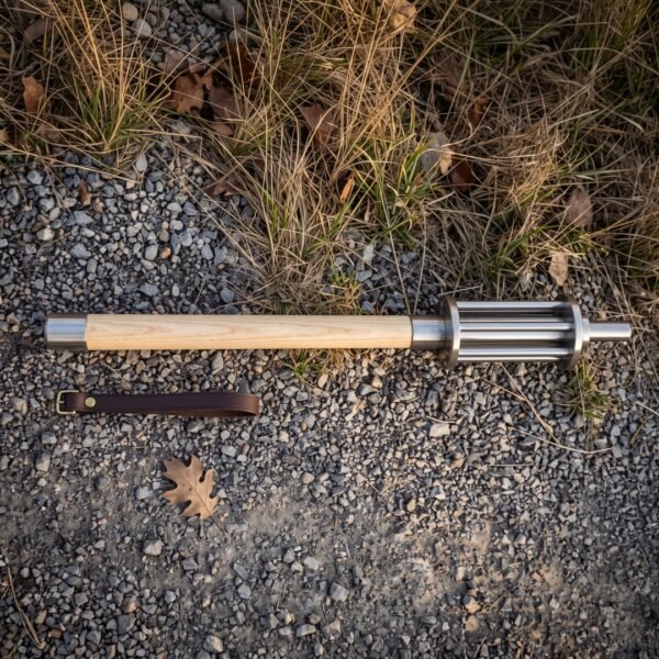 Hand forged bar mace with a fluted polished steel head and pale ash haft lying on a gravel path beside a brown leather wrist strap in low sun