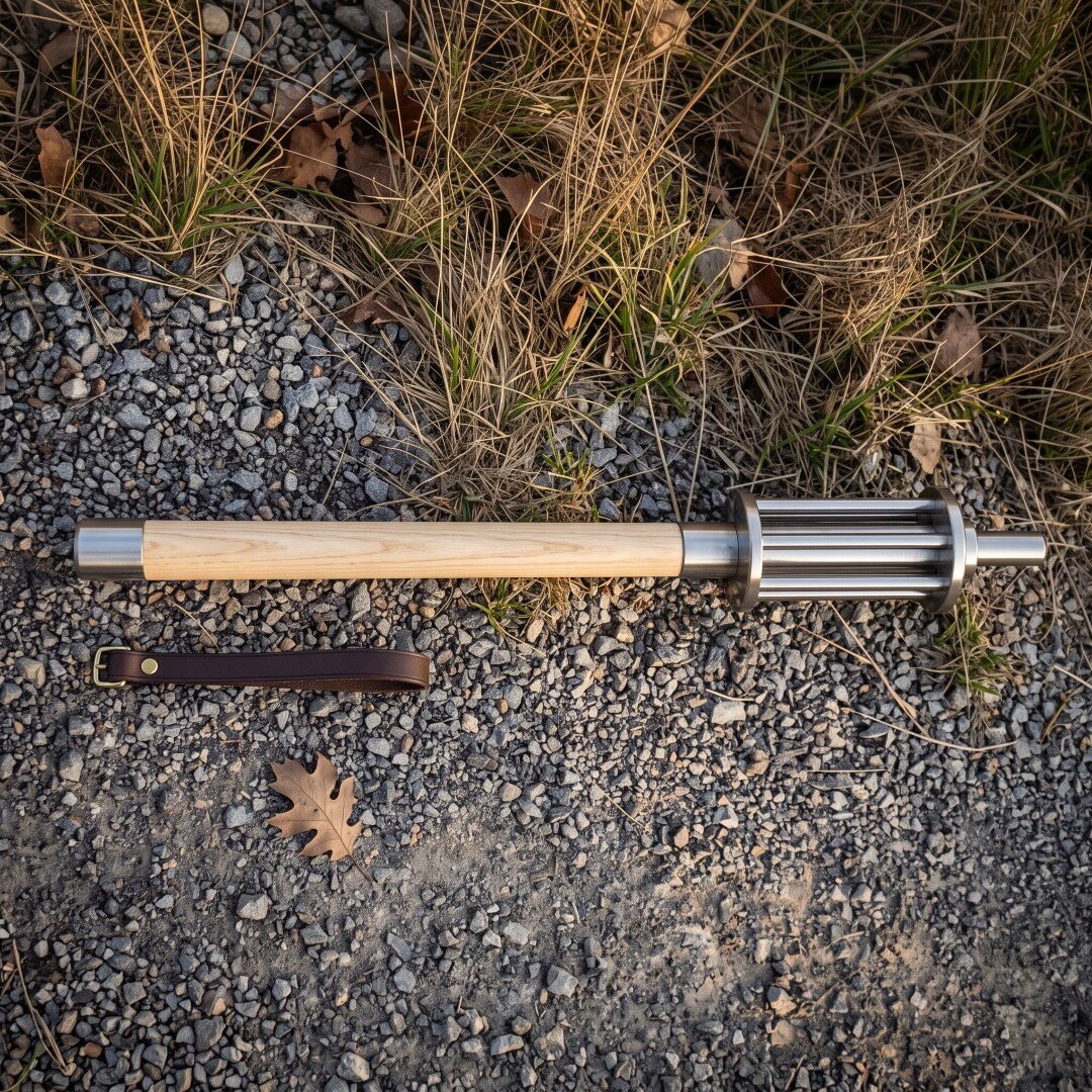 Gemini_Generated_Image_yq2m0wyq2m0wyq2m Hand forged bar mace with a fluted polished steel head and pale ash haft lying on a gravel path beside a brown leather wrist strap in low sun