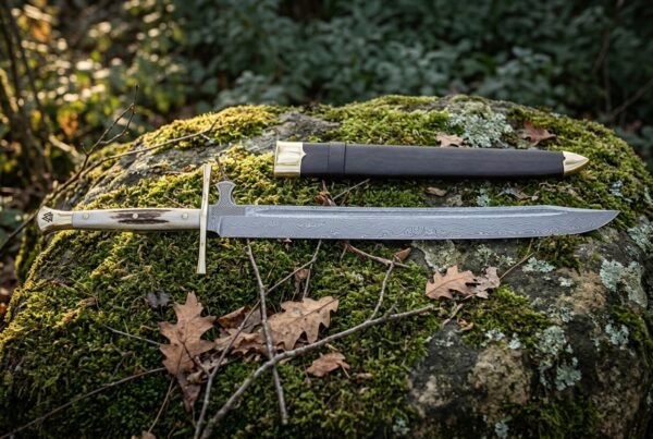 Hand forged langes messer with a polished straight backed blade and dark hardwood grip resting on a mossy boulder among oak leaves beside a brown leather sheath